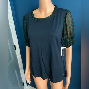 Tommy Hilfiger Navy Top with Green Mesh Sleeves